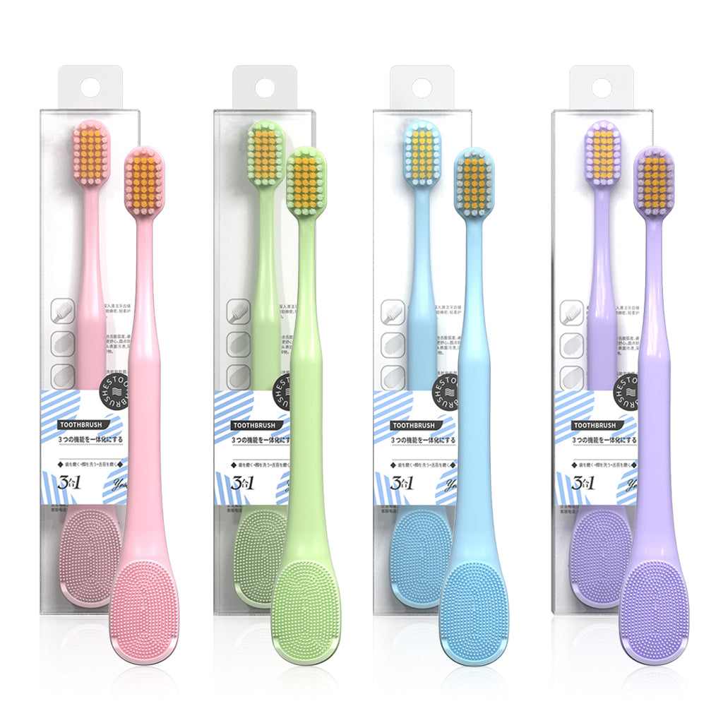 HANNEA Soft Bristle Adult Teethbrushes 3 In 1 Toothbrush Dental Brush with Double Sided Tongue Scraper Soft Rubber Gum Massager, Pack of 4 HANNEA Soft Bristle Adult Teethbrushes 3 In 1 Toothbrush Dental Brush with Double Sided Tongue Scraper Soft Rubber Gum Massager, Pack of 4